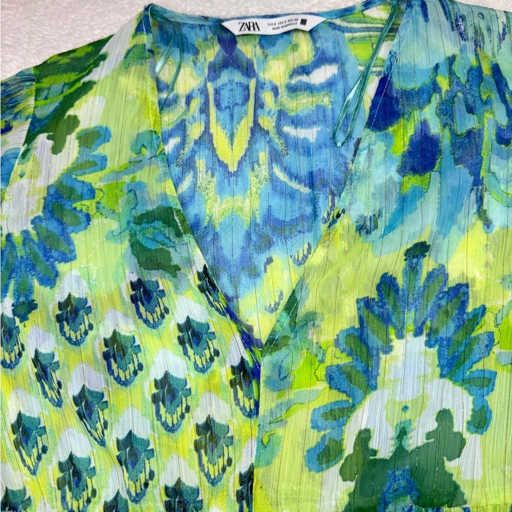 Zara Size Small Floral Blue and Green Women's Dress - Picture 5 of 8